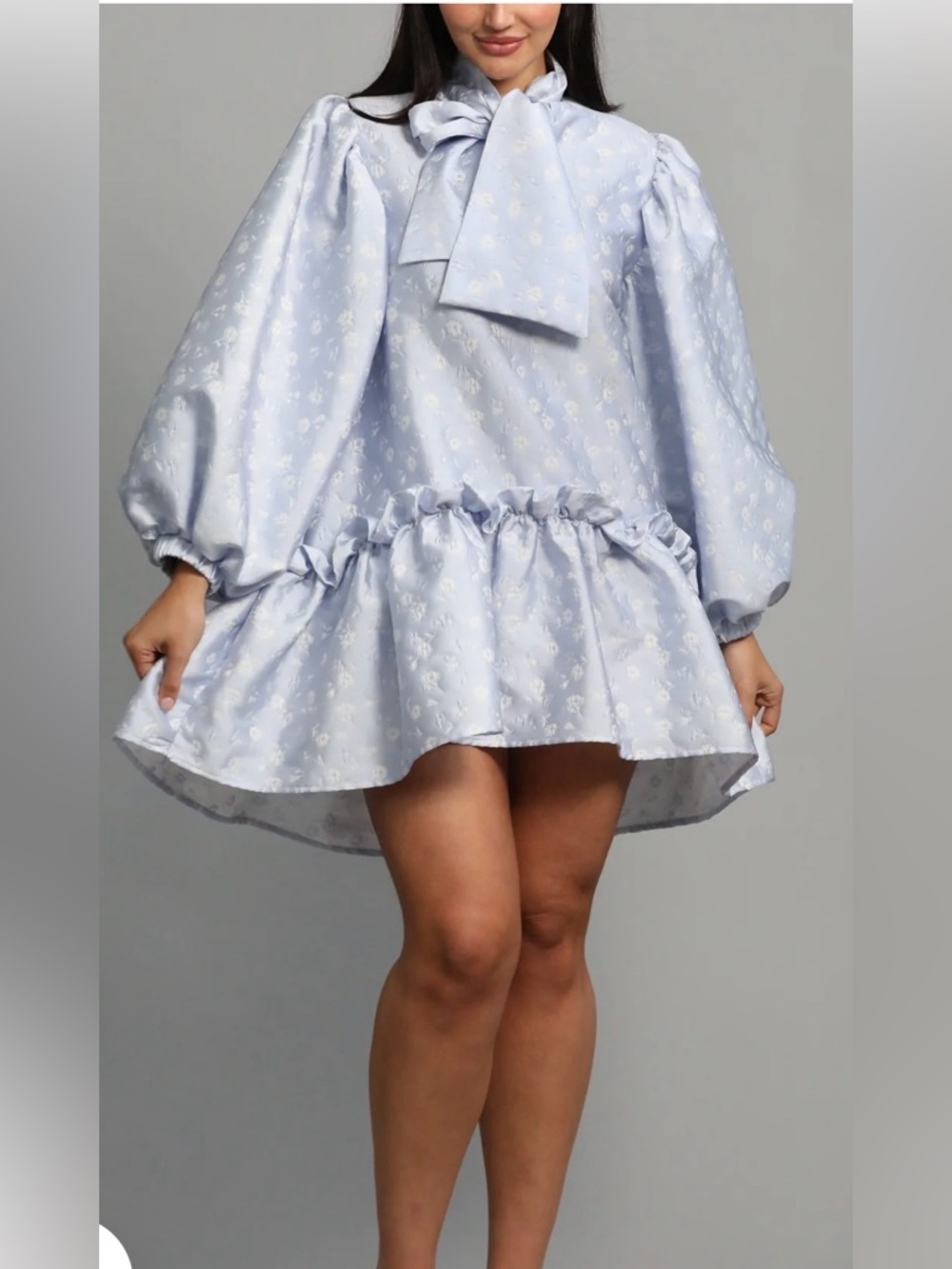 Sister Jane Blue Floral Jacquard Puff Sleeve Peplum Blouse Tie Neck L